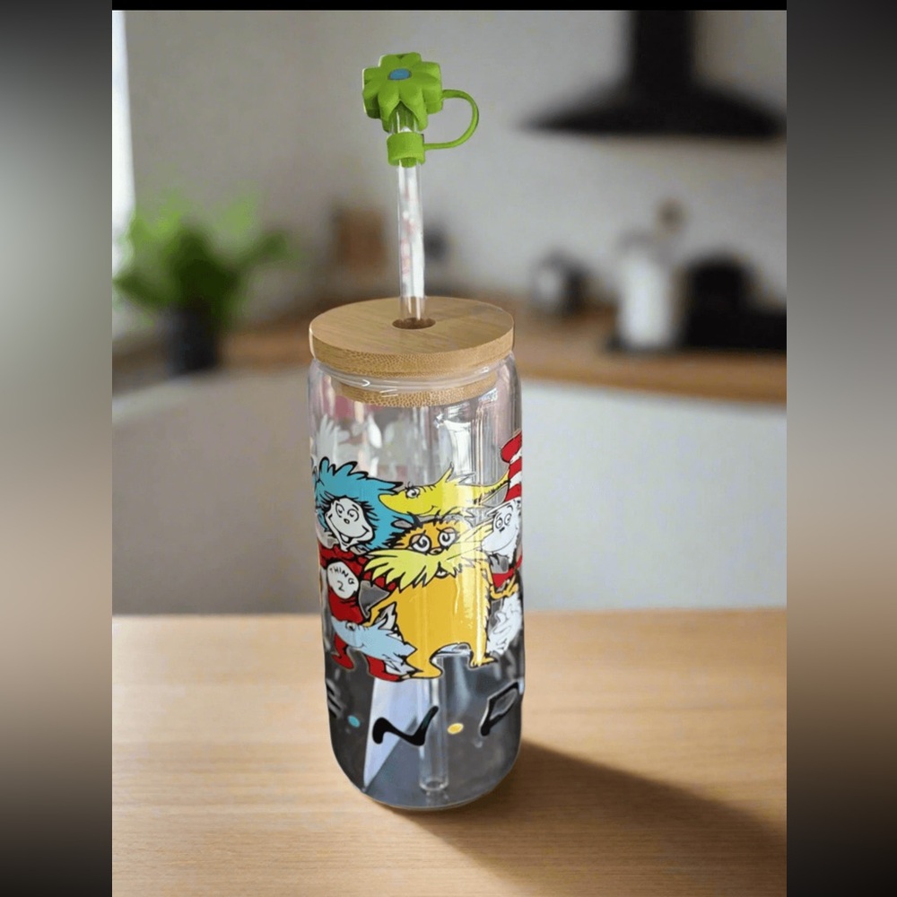 Handmade Dr Seuss Glass Tumbler with Glass Straw, Butterfly straw top Bamboo Lid